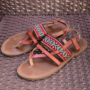 Mossimo Bright Colored Aztec Print Brown Leather Flat Sandals Size 8.5